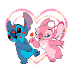 Desenho animado de Stitch, um alienígena azul com marcas de batom, e Angel, um coelho rosa, ambos sorrindo e segurando-se pela mão em um fundo de coração. Ideal para fãs de "Lilo & Stitch".