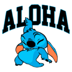 Imagem colorida de Stitch, personagem de animação, dançando alegremente sob a palavra "ALOHA" em letras grandes e ousadas. Ideal para temas relacionados a praia, diversão e cultura havaiana.