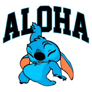 Imagem colorida de Stitch, personagem de animação, dançando alegremente sob a palavra "ALOHA" em letras grandes e ousadas. Ideal para temas relacionados a praia, diversão e cultura havaiana.