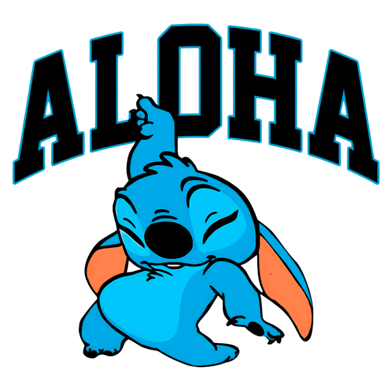 Imagem colorida de Stitch, personagem de animação, dançando alegremente sob a palavra "ALOHA" em letras grandes e ousadas. Ideal para temas relacionados a praia, diversão e cultura havaiana.