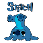 Imagem do personagem Stitch, de "Lilo & Stitch", em uma pose divertida, com corpo azul e grandes orelhas. O nome "Stitch" está escrito acima dele. Ideal para fãs de desenhos animados e merchandising temático.