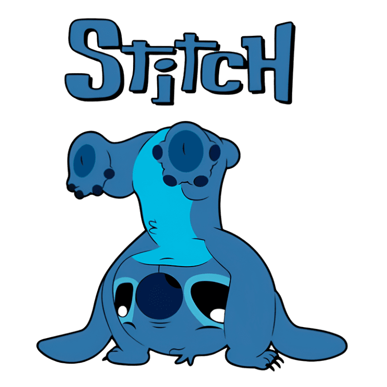 Imagem do personagem Stitch, de "Lilo & Stitch", em uma pose divertida, com corpo azul e grandes orelhas. O nome "Stitch" está escrito acima dele. Ideal para fãs de desenhos animados e merchandising temático.