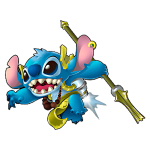 Personagem Stitch da Disney, com pelagem azul, brincando com um bastão e adornado com colares, em uma postura dinâmica e alegre.