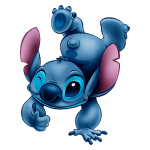 Imagem do personagem Stitch, um alienígena azul com orelhas grandes e expressão divertida, fazendo um sinal de positivo com a mão. Ele está em uma pose brincalhona, apoiando-se em suas patas dianteiras.