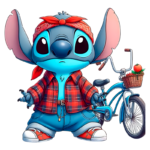 Stitch vestindo uma camisa xadrez vermelha e jeans, usando um lenço vermelho na cabeça. Ele está em pé ao lado de uma bicicleta azul com uma cesta contendo morangos. Ideal para associações com criatividade e cultura pop.