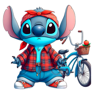 Stitch vestindo uma camisa xadrez vermelha e jeans, usando um lenço vermelho na cabeça. Ele está em pé ao lado de uma bicicleta azul com uma cesta contendo morangos. Ideal para associações com criatividade e cultura pop.