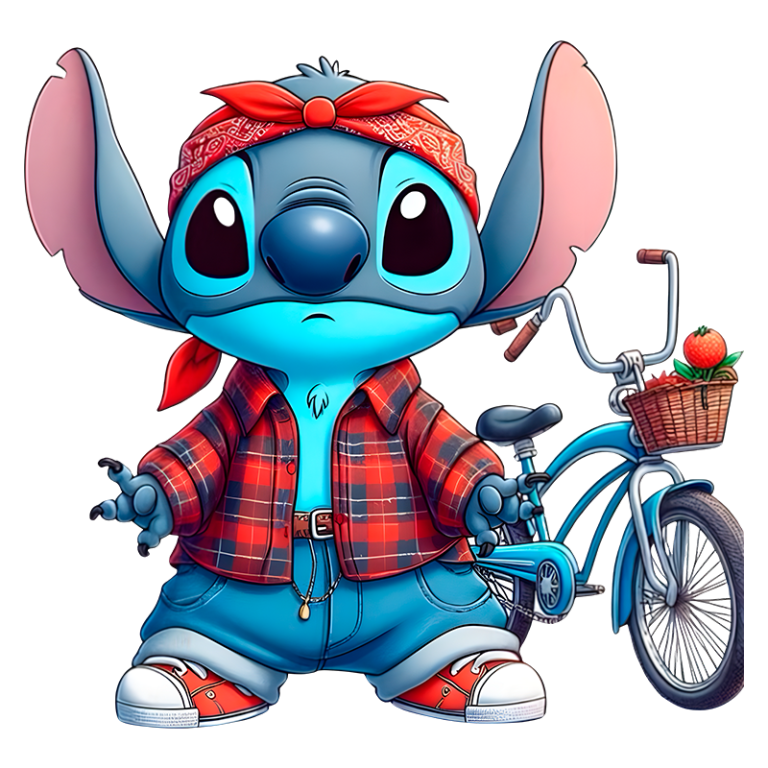 Stitch vestindo uma camisa xadrez vermelha e jeans, usando um lenço vermelho na cabeça. Ele está em pé ao lado de uma bicicleta azul com uma cesta contendo morangos. Ideal para associações com criatividade e cultura pop.