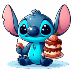 Personagem Stitch segurando um morango e um prato de bolo de camadas coberto de chocolate. O fundo é verde, destacando a imagem divertida e colorida. Ideal para artigos sobre animações ou personagens de desenhos animados.