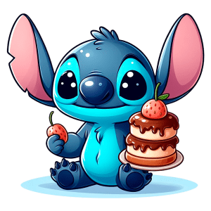 Personagem Stitch segurando um morango e um prato de bolo de camadas coberto de chocolate. O fundo é verde, destacando a imagem divertida e colorida. Ideal para artigos sobre animações ou personagens de desenhos animados.