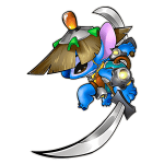 Personagem Stitch azul com orelhas grandes, usando um chapéu de palha e segurando uma espada curva, em pose dinâmica. Ideal para ilustrações de fantasia ou jogos de aventura.