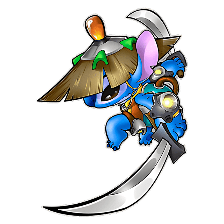 Personagem Stitch azul com orelhas grandes, usando um chapéu de palha e segurando uma espada curva, em pose dinâmica. Ideal para ilustrações de fantasia ou jogos de aventura.