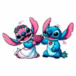 Imagem colorida de dois personagens Stitch fofos, um vestido de noiva e outro segurando uma flor, cercados por corações e flores, representando amizade e amor. Ideal para temas de casamento e relacionamentos.