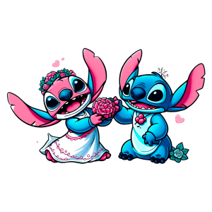 Imagem colorida de dois personagens Stitch fofos, um vestido de noiva e outro segurando uma flor, cercados por corações e flores, representando amizade e amor. Ideal para temas de casamento e relacionamentos.