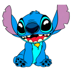 Personagem animado Stitch, de pele azul e orelhas grandes, sorrindo de forma divertida. Ele está sentado, com um colar amarelo, transmitindo uma sensação de alegria e fofura. Ideal para conteúdo relacionado a animações e cultura pop.