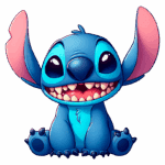 Personagem animado Stitch, com pele azul vibrante e grandes orelhas rosas, sentado e sorrindo, exibindo dentes. Ideal para temas de entretenimento infantil e produtos relacionados.