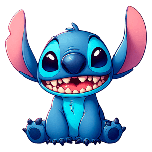 Personagem animado Stitch, com pele azul vibrante e grandes orelhas rosas, sentado e sorrindo, exibindo dentes. Ideal para temas de entretenimento infantil e produtos relacionados.