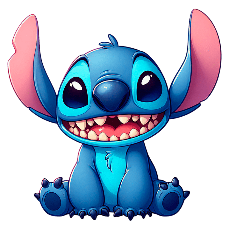 Personagem animado Stitch, com pele azul vibrante e grandes orelhas rosas, sentado e sorrindo, exibindo dentes. Ideal para temas de entretenimento infantil e produtos relacionados.