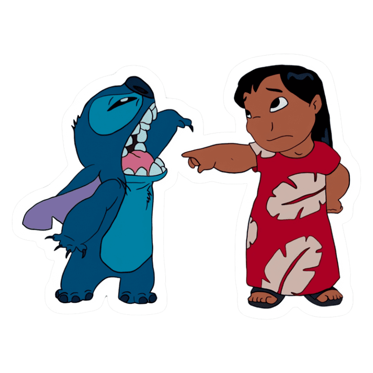 Imagem de Stitch, um personagem azul de Disney, fazendo uma expressão exagerada, enquanto Lilo, uma menina havaiana, aponta para ele com uma expressão de desapontamento.
