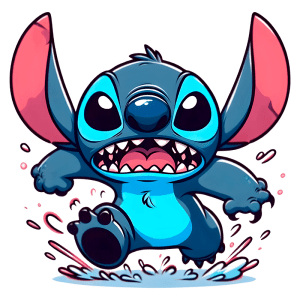 Personagem animado Stitch, deitado em uma poça de água, com expressões divertidas enquanto corre. O fundo é verde, destacando sua pele azul e orelhas grandes. Ideal para fãs de desenhos animados.