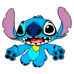 Personagem Stitch, do filme Lilo & Stitch, sorrindo e com as orelhas grandes, destacando sua pele azul e dentes afiados. Ideal para temas relacionados a animações, cultura pop e Disney.