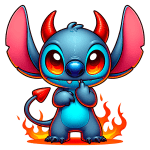 Stitch de demônio azul com chifres vermelhos e orelhas grandes, mostrando um sorriso travesso e fazendo um gesto irreverente, cercado por chamas laranjas. Ideal para temas de fantasia e humor.