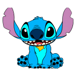 Personagem Stitch, um alienígena azul com grandes orelhas roxas, sentando-se com uma expressão alegre e dentes aparecendo. Ideal para temas de animação e cultura pop.