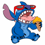 Personagem animado Stitch, com pele azul, usando óculos de sol vermelhos e segurando um sorvete em um cone. Ele está com a boca aberta, mostrando os dentes, e lambendo o sorvete, transmitindo uma expressão divertida e alegre. Fundo verde.