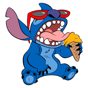 Personagem animado Stitch, com pele azul, usando óculos de sol vermelhos e segurando um sorvete em um cone. Ele está com a boca aberta, mostrando os dentes, e lambendo o sorvete, transmitindo uma expressão divertida e alegre. Fundo verde.