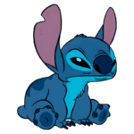 Personagem animado Stitch sentado, com pelagem azul e grandes orelhas rosa, expressando uma atitude curiosa e travessa. Ideal para ilustrar temas de amizade e aventura em desenhos animados.