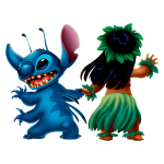 Personagens animados de Stitch, um extraterrestre azul, e uma garota com traje havaiano, representando amizade e aventura no estilo tropical.