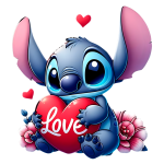 Stitch segurando um coração vermelho com a palavra "Love", rodeado por flores e corações, simbolizando amor e carinho.