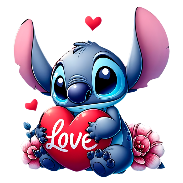 Stitch segurando um coração vermelho com a palavra "Love", rodeado por flores e corações, simbolizando amor e carinho.