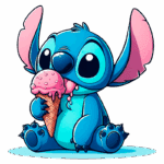 Stitch saboreando um sorvete de morango. Ideal para temas de diversão e infância.