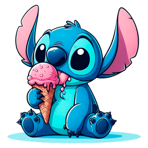 Stitch saboreando um sorvete de morango. Ideal para temas de diversão e infância.
