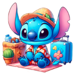 Stitch, personagem azul de desenho animado, usando um chapéu de palha e uma camisa havaiana, está sentado em uma toalha de praia rodeado de malas e itens de viagem, como uma garrafa de água, chinelos e uma planta em vaso.