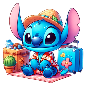 Stitch, personagem azul de desenho animado, usando um chapéu de palha e uma camisa havaiana, está sentado em uma toalha de praia rodeado de malas e itens de viagem, como uma garrafa de água, chinelos e uma planta em vaso.