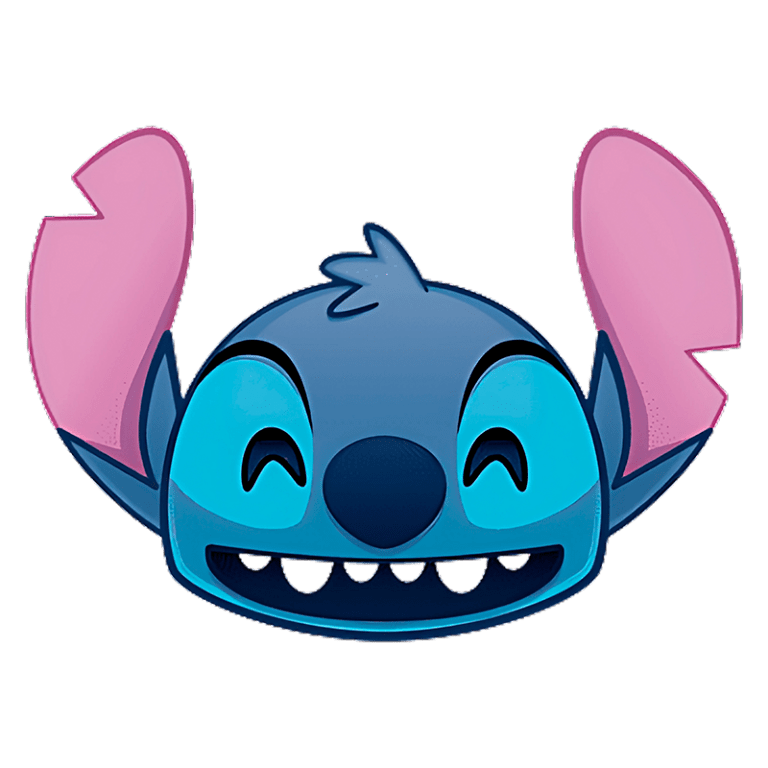 Cabeça do personagem Stitch, de Lilo & Stitch, com orelhas rosa e um sorriso largo, destacando sua expressão alegre e amigável.