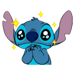Personagem animado Stitch, do filme 'Lilo & Stitch', com expressão alegre e olhar grande, cercado por brilhos. Ideal para ilustrações divertidas em temas de amizade e criatividade.