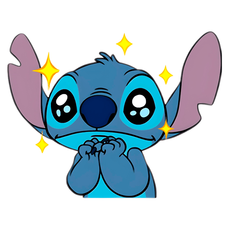 Personagem animado Stitch, do filme 'Lilo & Stitch', com expressão alegre e olhar grande, cercado por brilhos. Ideal para ilustrações divertidas em temas de amizade e criatividade.