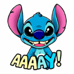 Imagem de uma personagem de desenho animado, Stitch, com pele azul e orelhas grandes e rosa, sorrindo e segurando um balão de fala com a palavra "AAAAAY!". Ideal para fãs de animações da Disney.