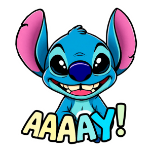 Imagem de uma personagem de desenho animado, Stitch, com pele azul e orelhas grandes e rosa, sorrindo e segurando um balão de fala com a palavra "AAAAAY!". Ideal para fãs de animações da Disney.