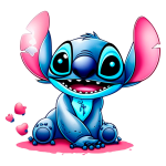 Personagem Stitch sentado, sorridente, com pelagem azul e orelhas pink, rodeado por corações coloridos. Ilustração divertida e cativante.