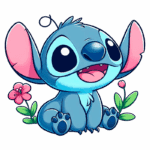 Stitch sentado entre flores coloridas. Ideal para fãs de animações e produtos relacionados.