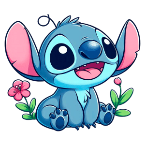 Stitch sentado entre flores coloridas. Ideal para fãs de animações e produtos relacionados.