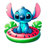 Stitch sentado em um flutuador em forma de melancia, com grande orelhas cor-de-rosa e corpo azul, cercado por folhas verdes tropicais.