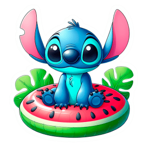 Stitch sentado em um flutuador em forma de melancia, com grande orelhas cor-de-rosa e corpo azul, cercado por folhas verdes tropicais.