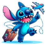 Stitch malas, sorrindo e apontando para um avião vermelho. Estilo divertido e vibrante, ideal para ilustrações sobre viagens e aventuras.