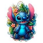 Personagem animado Stitch, da Disney, cercado por folhas verdes e flores coloridas, destacando seu tom azul e orelhas grandes. Ideal para representações de cultura pop e ilustrações vibrantes.
