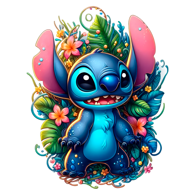 Personagem animado Stitch, da Disney, cercado por folhas verdes e flores coloridas, destacando seu tom azul e orelhas grandes. Ideal para representações de cultura pop e ilustrações vibrantes.