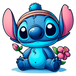 Stitch segurando flores rosa e verde. Ideal para fãs de ilustrações animadas e cultura pop.